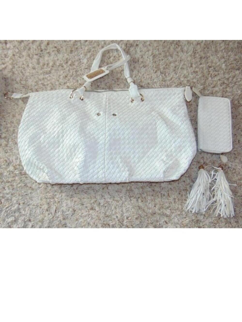 BEBE Purse & Wallet Cream White Weaved Large Satchel Hobo Shoulder Bag